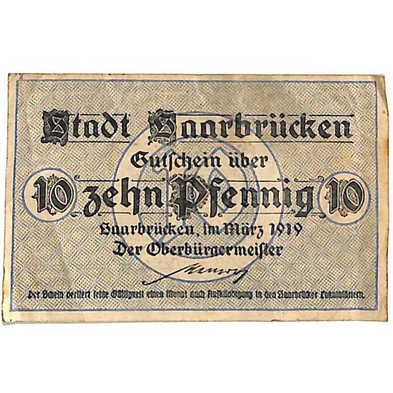 ABAO Billets, actions, monnaies [DE] 10 Pfennig Stadt Saarbrücken 1919