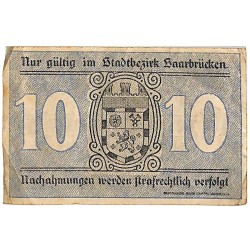ABAO Billets, actions, monnaies [DE] 10 Pfennig Stadt Saarbrücken 1919