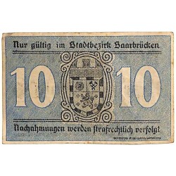 ABAO Billets, actions, monnaies [DE] 10 Pfennig Stadt Saarbrücken 1919