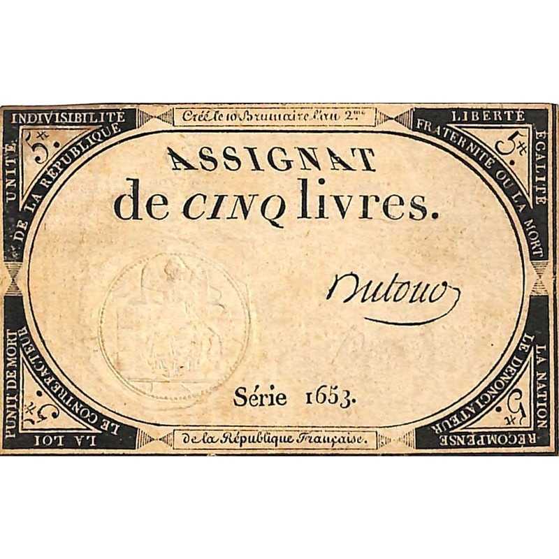 ABAO Billets, actions, monnaies Assignat de cinq livres. Série 1653. Dufour.
