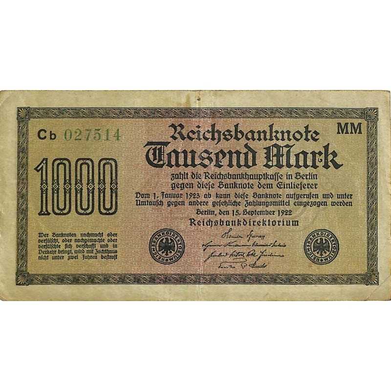 ABAO Billets, actions, monnaies [DE] 1000 Mark. 1922. Banknote Inflation.