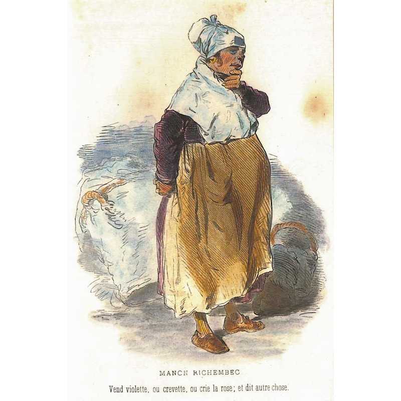 abao.be•Gravures•Gavarni (Paul) - Mancn Richembec. Vend violette, ou crevette, ou crie la rose et dit autre chose.•