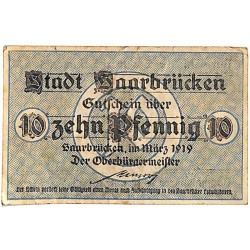 ABAO Billets, actions, monnaies [DE] 10 Pfennig Stadt Saarbrücken 1919