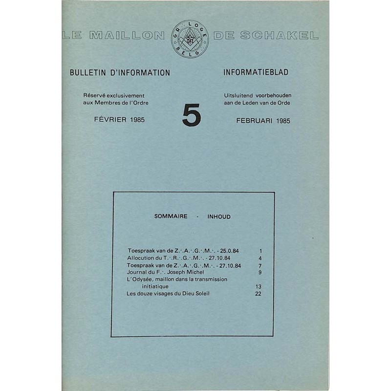 ABAO Franc-Maçonnerie Le Maillon de Schakel - Bulletin d'information 1985 n°5.