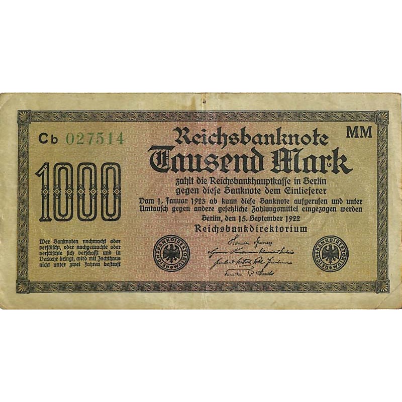 ABAO Billets, actions, monnaies [DE] 1000 Mark. 1922. Banknote Inflation.